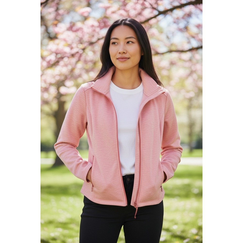 T by Talbots Womens Petite Coral Pink Space Dye Full Zip Funnel Neck Jacket P